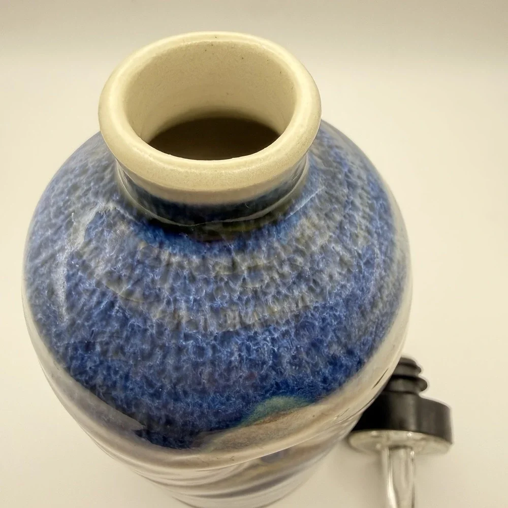 Signed Studio Pottery Cruet Bottle Blue Pottery Oil Vinegar Dispenser